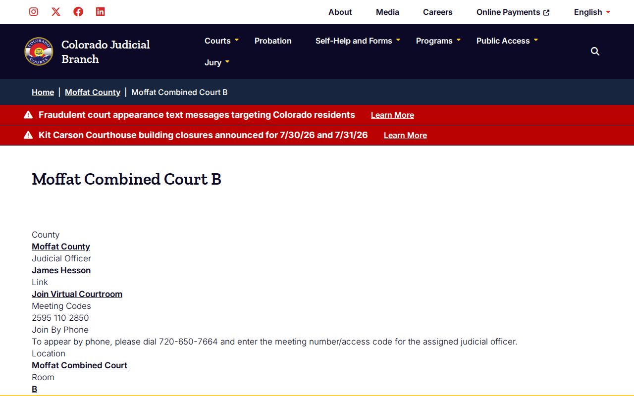 Moffat County court dockets Combined Court B virtual courtroom
