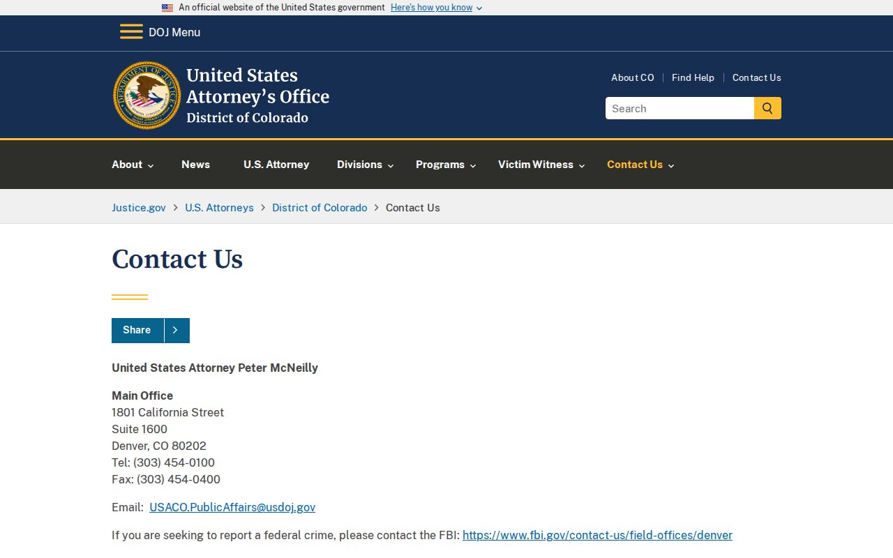 Moffat County criminal court records U.S. Attorney District of Colorado contact
