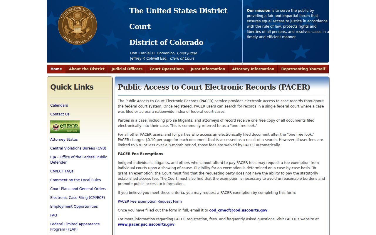 Moffat County District Court federal PACER information page