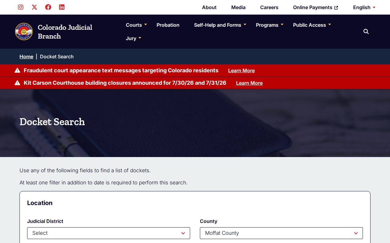 Moffat County court records docket search fields