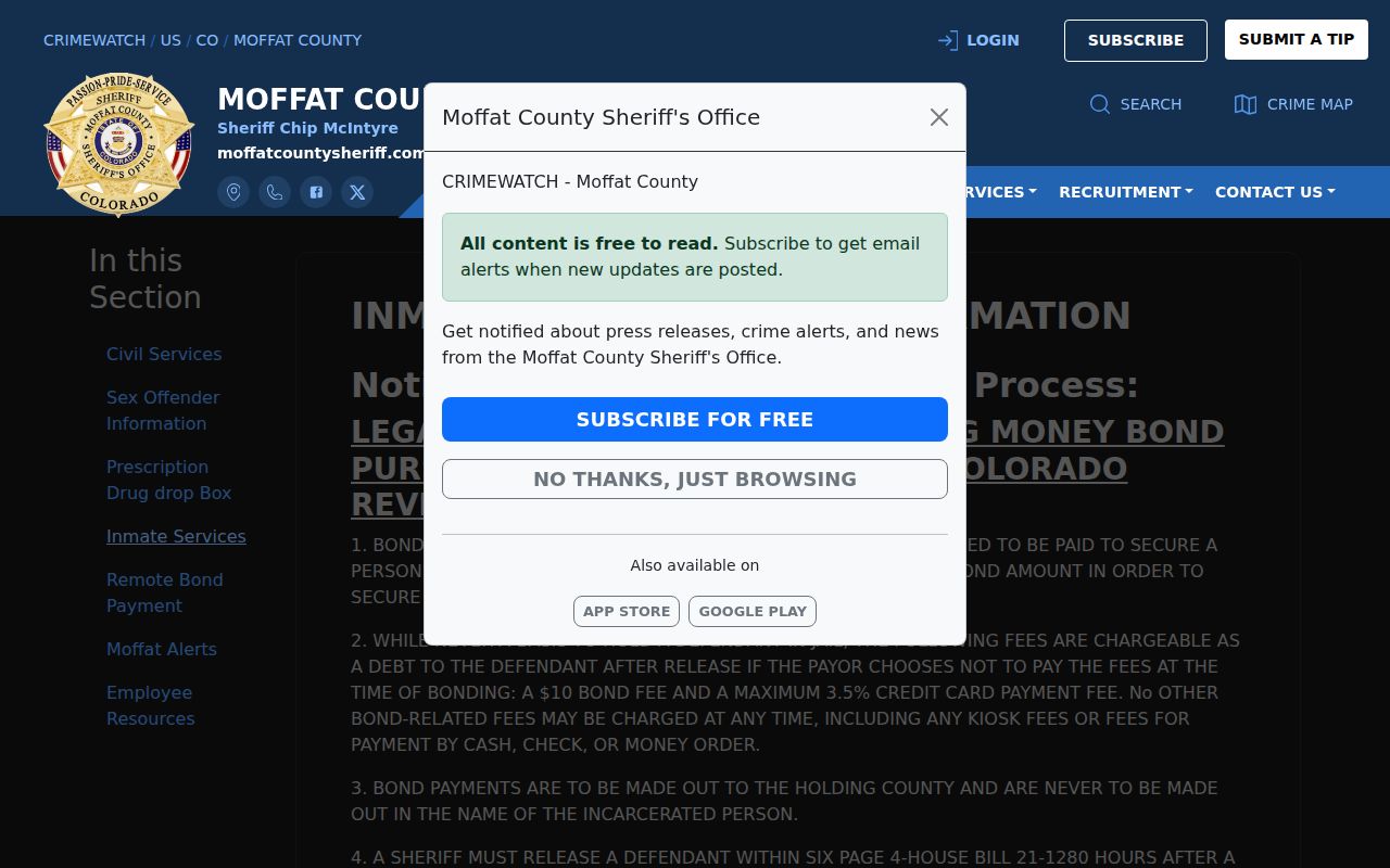 Moffat County inmate records inmate services and information page