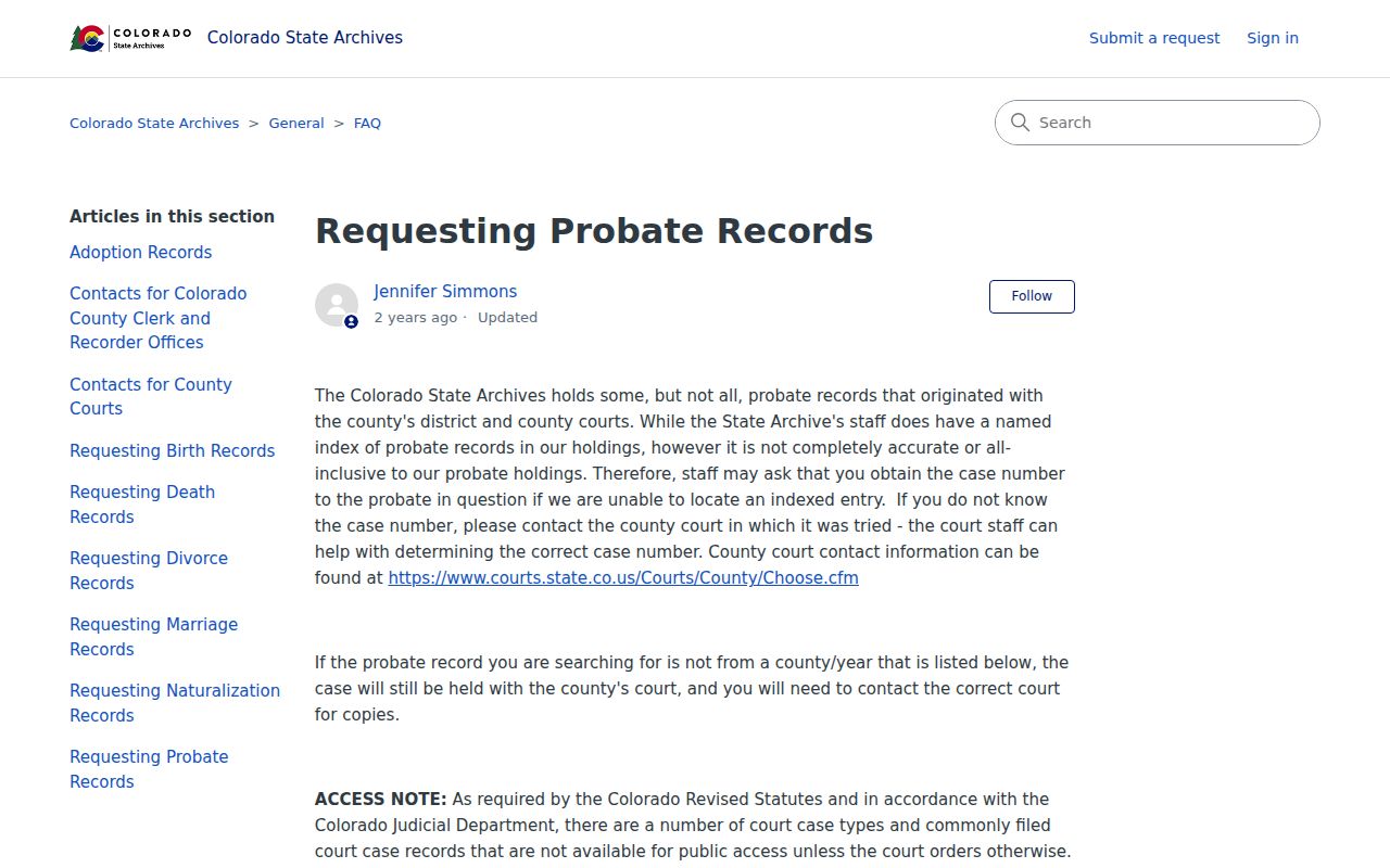 Moffat County probate records Colorado State Archives request guidance