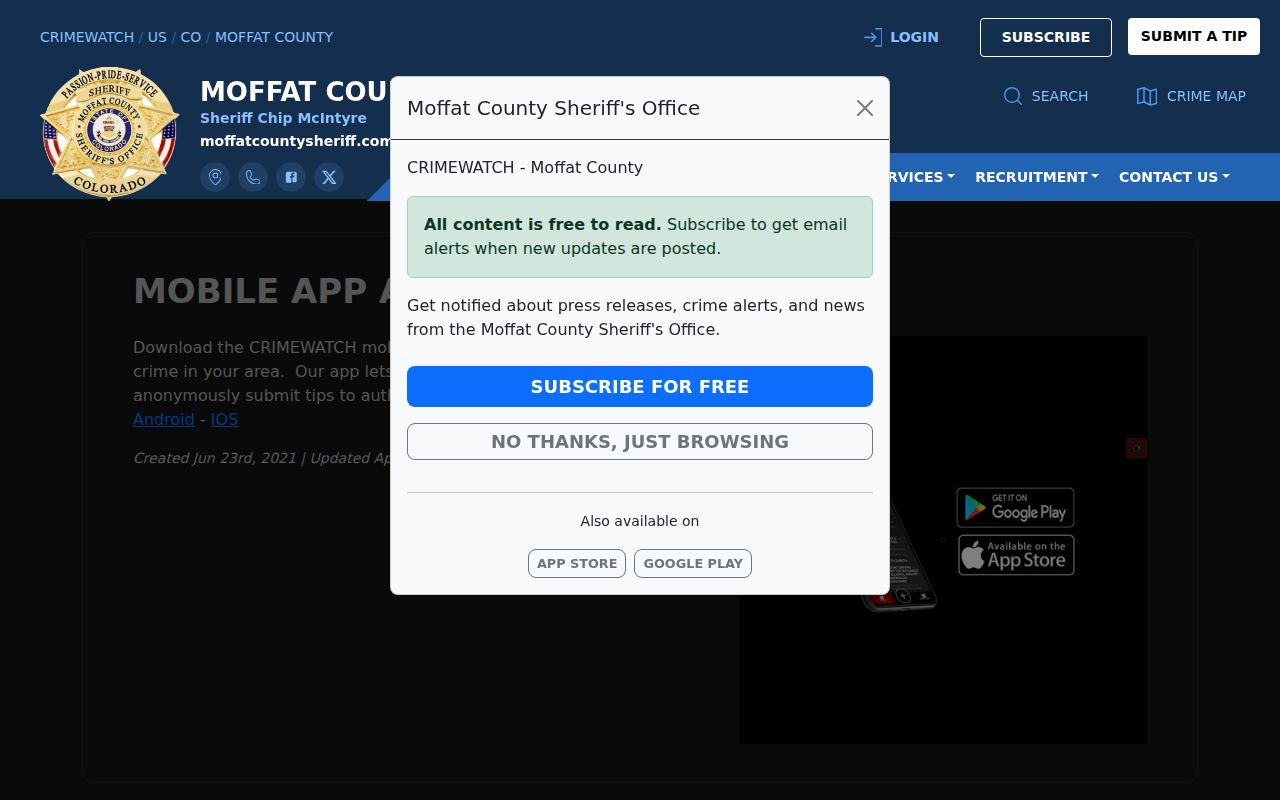 Moffat County warrant records and CRIMEWATCH mobile app follow page