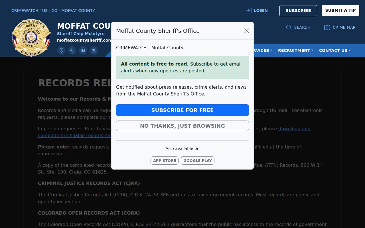 Moffat County warrant records release request channel
