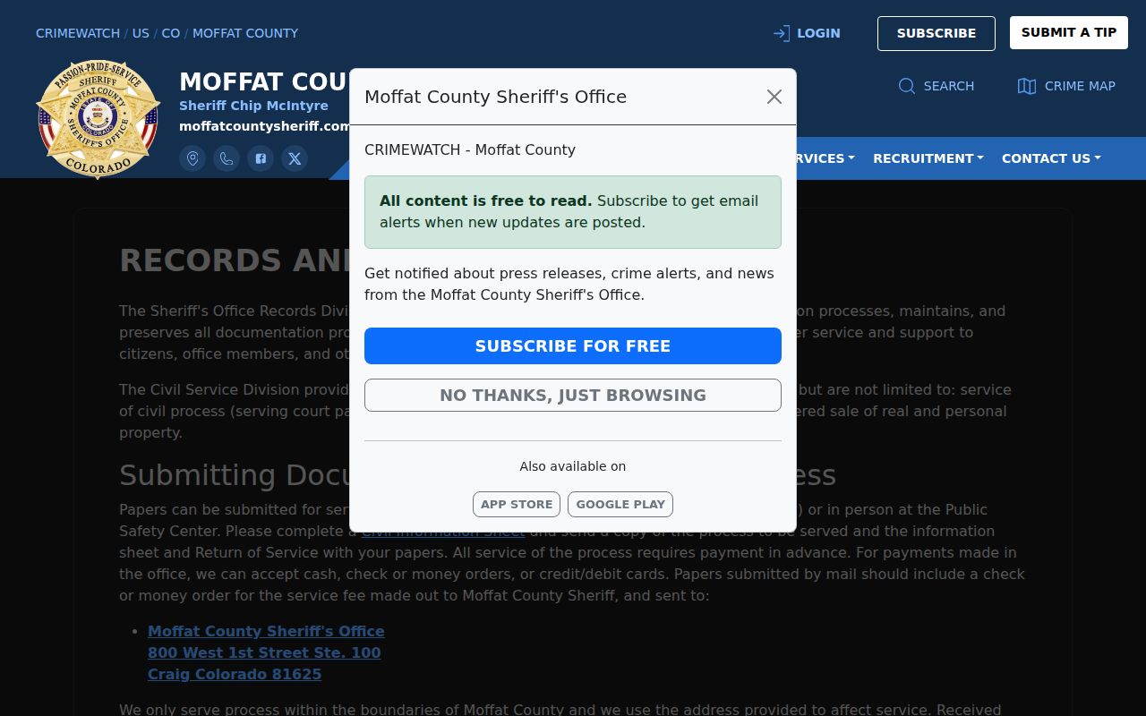 Moffat County warrant records and sheriff civil service information